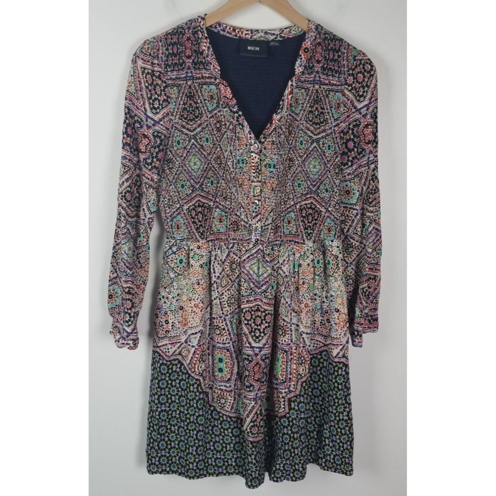 Anthro Maeve Women's Sz. S Boho Smocked Long Sleeve Tiled Amethyst Dress